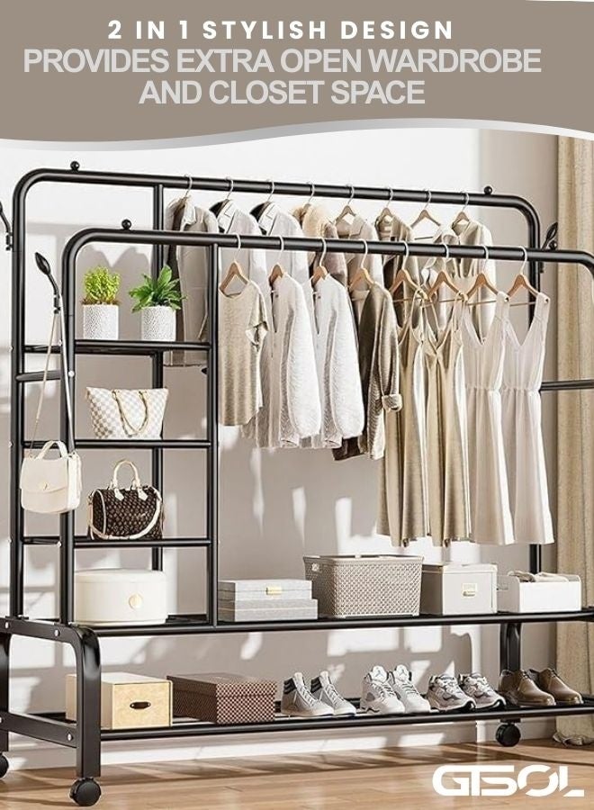 GTSOL Double Rail Clothes Rack with Wheels | Heavy Duty Metal Garment Rack with 2-Tier Shelves | Rolling Clothes Rail Storage Stand for Bedroom, Home & Office - Image 2